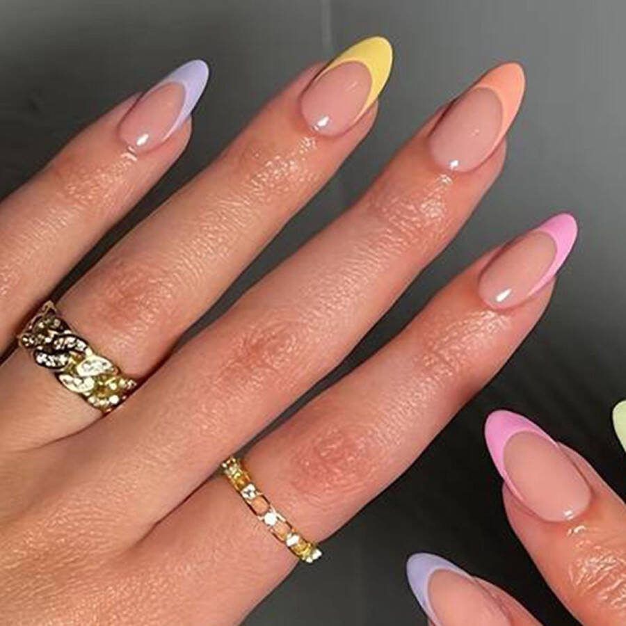 Sunshine Trading Nepnagels met Lijm French Manicure Multicolor Pastel Regenboog Gekleurd Set 24 stuks Lang Almond Shape Press on Nails Plak Tabs Nagellijm Plaknagels Nepnagels