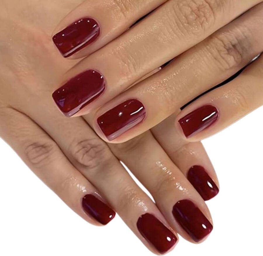 Sunshine Trading Nepnagels met Lijm Nepnagels Rood Nep Nagels Bordeaux Gekleurd Kort Square Plaknagels Kersenrood Burgundy Zelfklevend Press on Nails Nagellijm Kunstnagels Rood
