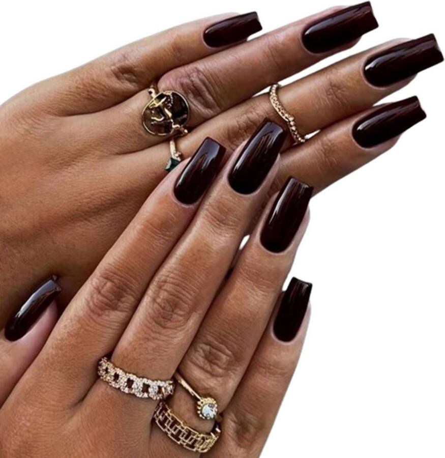 Sunshine Trading Nepnagels met Lijm Nepnagels Rood Nep Nagels Bordeaux Gekleurd Lang Square Plaknagels Kersenrood Burgundy Press on Nails Nagellijm Zelfklevend Kunstnagels Rood