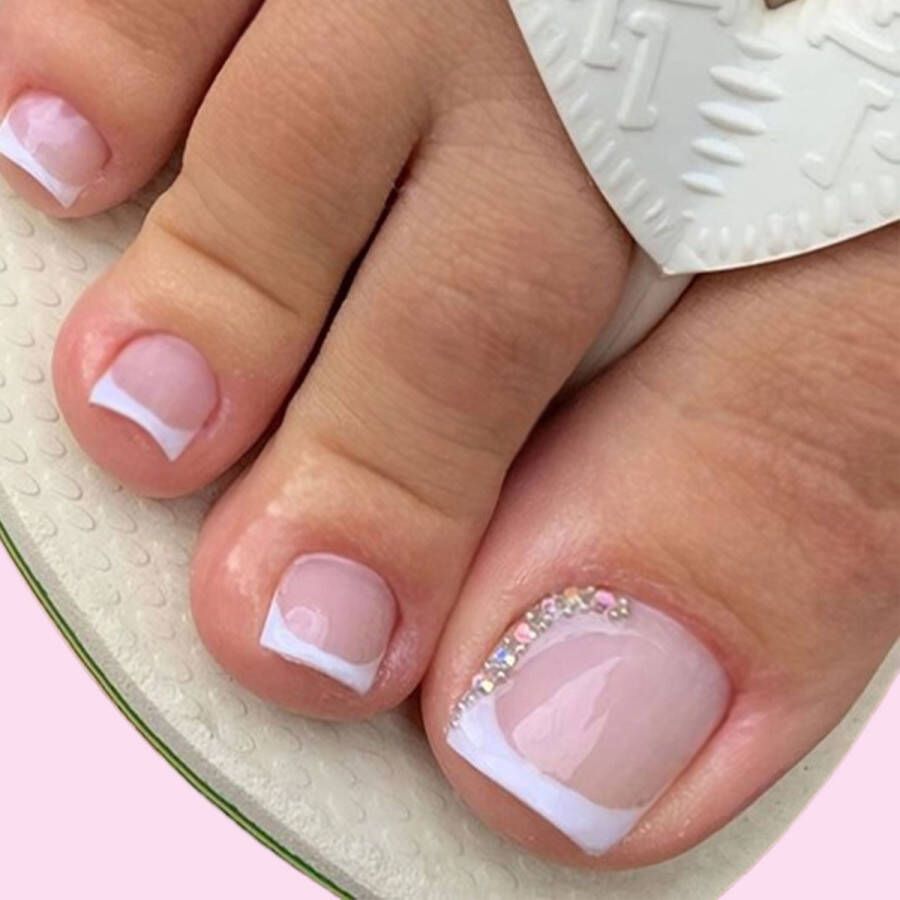 Sunshine Trading Nepnagels met Lijm Nepnagels Tenen French Manicure Diamantjes Strass Plaknagels Tenen Roze Wit Randje Nep Nagels Tenen Plaknagel Set 24 stuks Teennagels Press on Nails French Manicure Nail Art Nagellijm kunstnagels