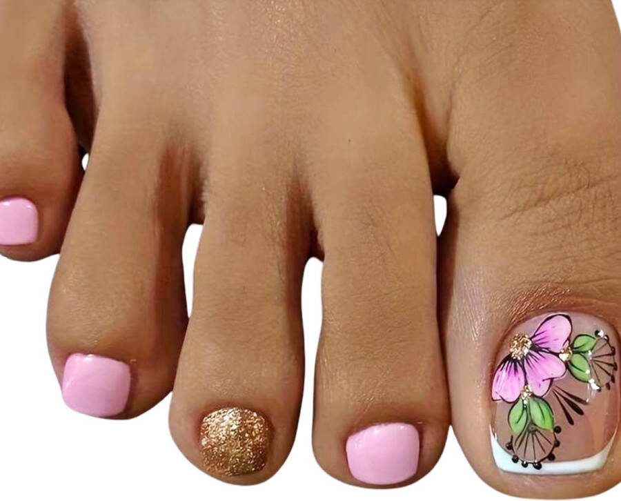 Sunshine Trading Nepnagels met Lijm Tenen Bloemprint Roze Goud Glitter 24 stuks Gekleurd Plaknagels Nep Nagels Plaknagel Set Teennagels Press on Nails French Manicure Nail Art Nagellijm Kunstnagels