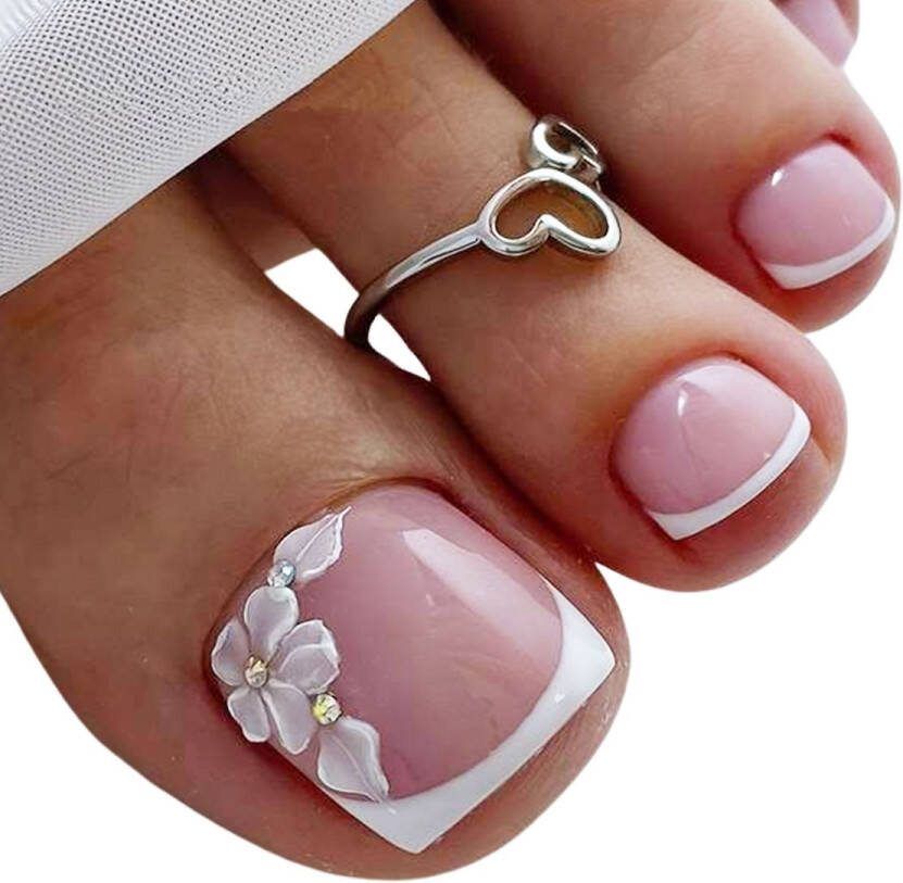 Sunshine Trading Nepnagels met Lijm Tenen French Manicure Diamantjes Strass Bloem Print 24 stuks Plaknagels Nep Nagels Plaknagel Set Teennagels Press on Nails French Manicure Nail Art Nagellijm Kunstnagels
