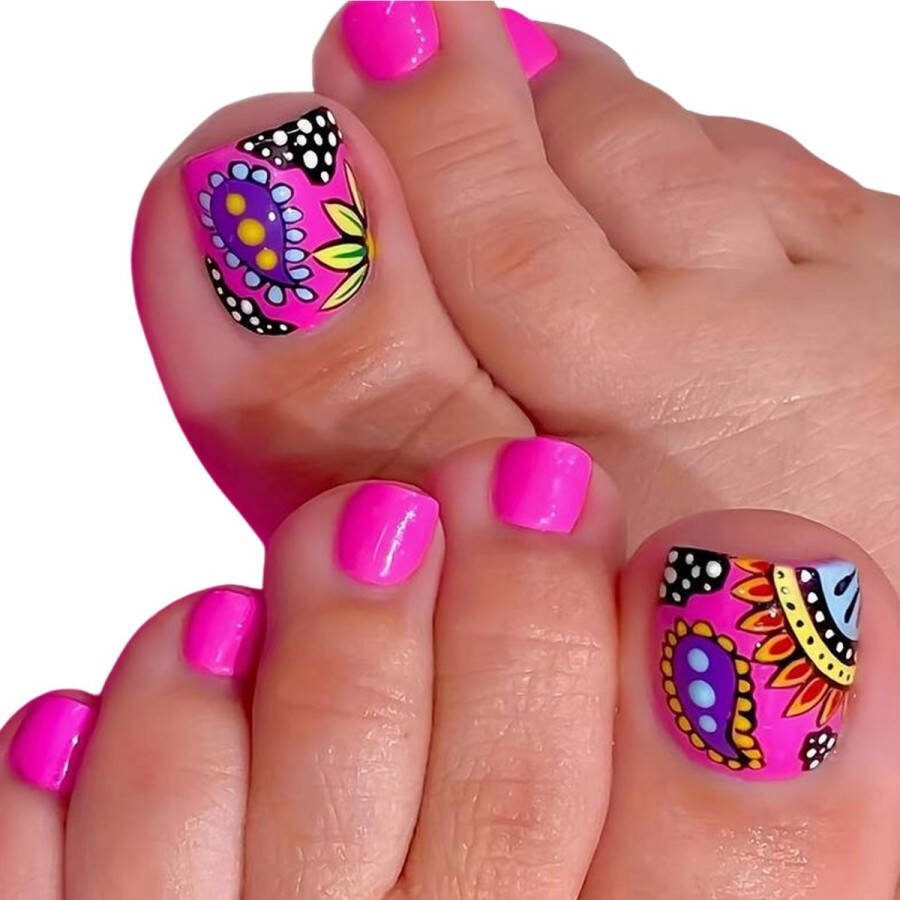 Sunshine Trading Nepnagels met Lijm Tenen Paisley print Roze Gekleurd 24 stuks Plaknagels Nep Nagels Plaknagel Set Teennagels Press on Nails Nail Art Nagellijm Kunstnagels