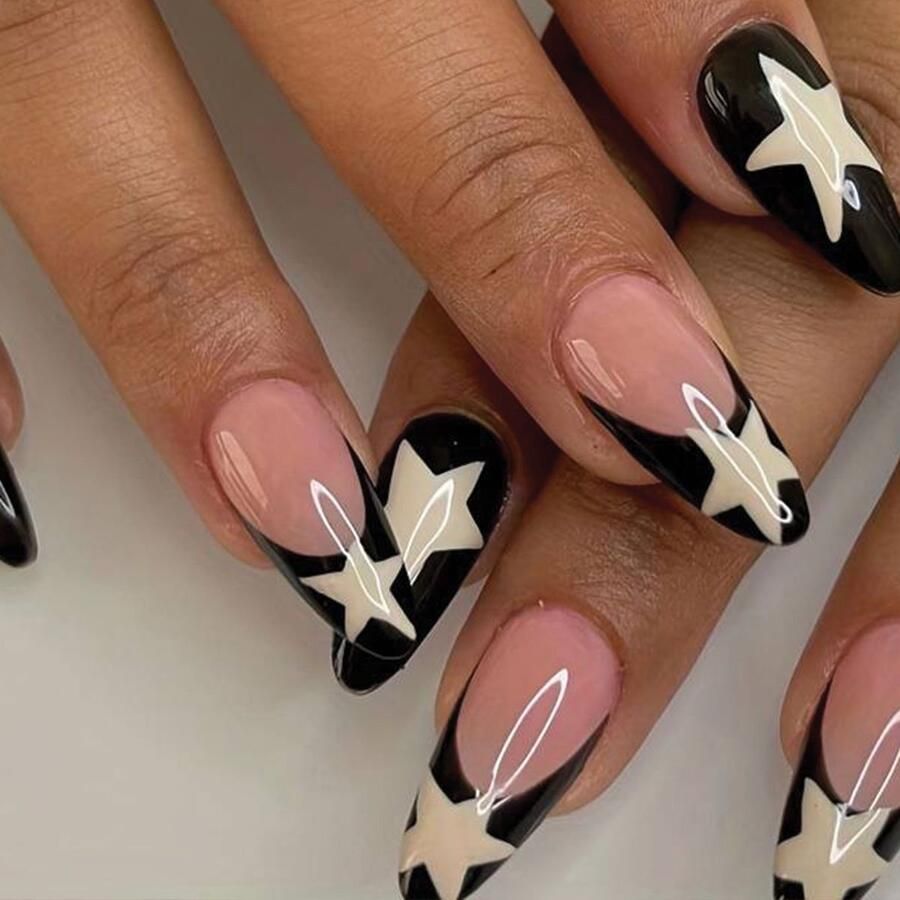 Sunshine Trading Nepnagels met Lijm French Manicure Zwart Ster Print Plaknagels Zwart Set 24 stuks French Manicure Lang Stiletto Zelfklevend Press on Nails Nagellijm Festival Accessoires