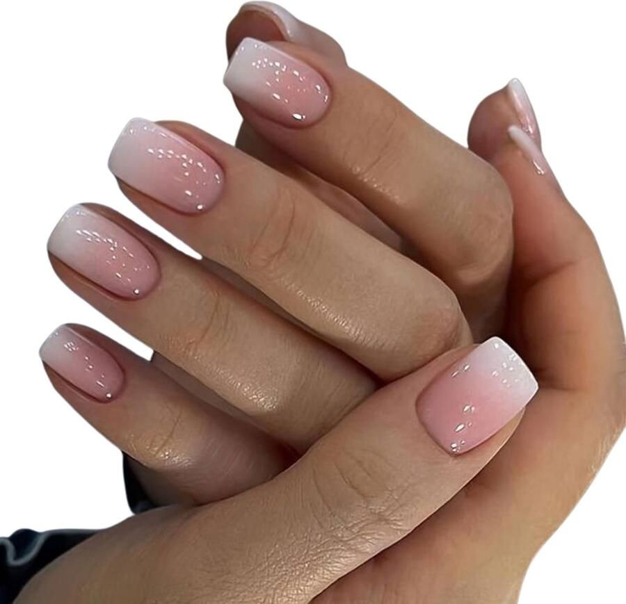 Sunshine Trading Nepnagels met Lijm Nepnagels Ombre Nude Square Kort Wit Nep Nagels Nude Ombre Plaknagels Zelfklevend Press on Nails Nagellijm Kunstnagels Ombre
