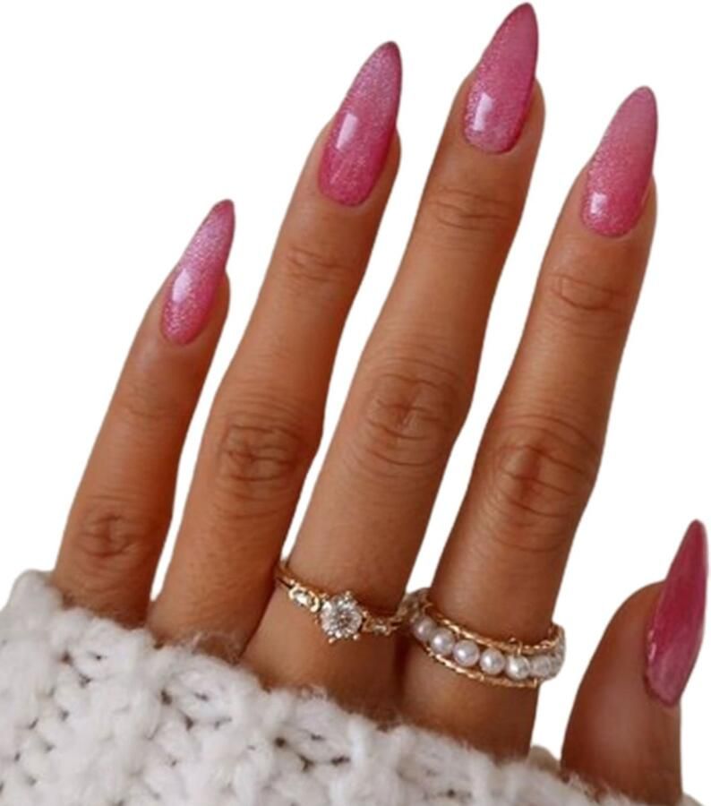 Sunshine Trading Nepnagels met Lijm Nepnagels Roze Cat Eye Glitter Stiletto Nep Nagels Roze Gekleurd Lang Plaknagels Press on Nails Zelfklevend Nagellijm Zelfklevend Kunstnagels Roze Festival Accessoires