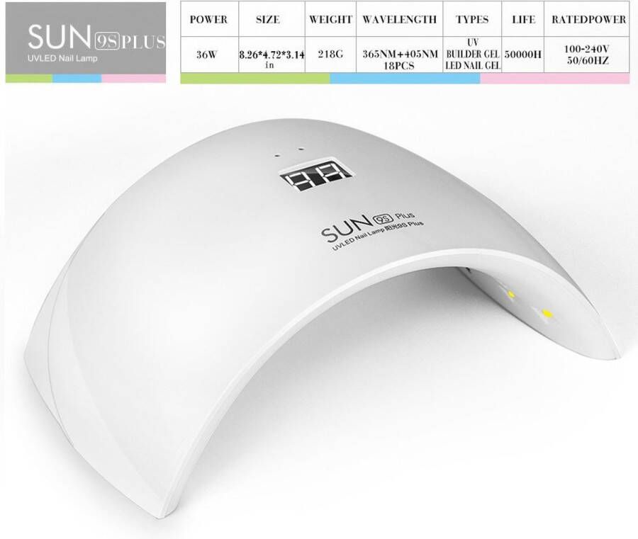 SunUV Type SUN9s Plus 36W 18LEDS Nagellamp LED UV Lamp voor Nagels Geschikt voor Gelnagels en Gelpolish UV Nageldroger Met 30 en 60 Seconden Timer Wit
