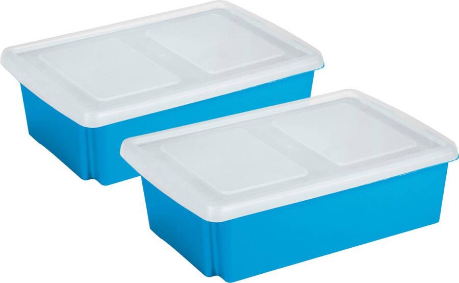 Sunware 2x opslagbox kunststof 30 liter blauw 59 x 39 x 17 cm met deksel Opbergbox