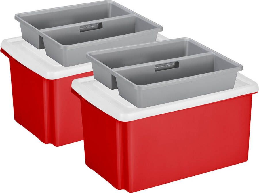 Sunware 2x opslagbox kunststof 51 liter rood 59 x 39 x 29 cm met deksel en organiser tray Opbergbox