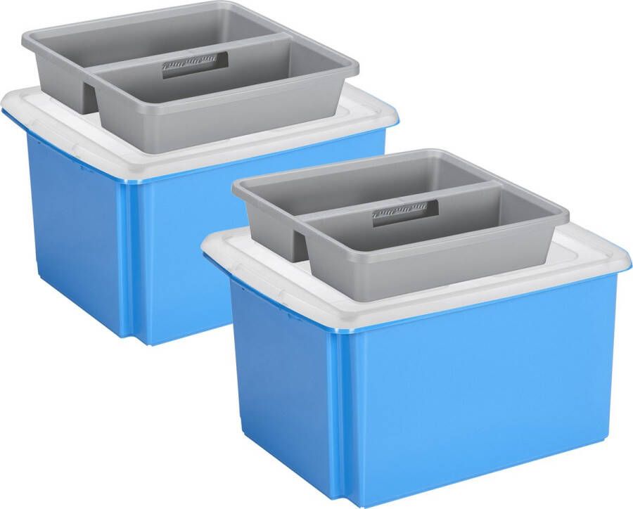 Sunware 2x opslagboxen kunststof 32 liter blauw 45 x 36 x 24 cm met deksel en organiser tray Opbergbox