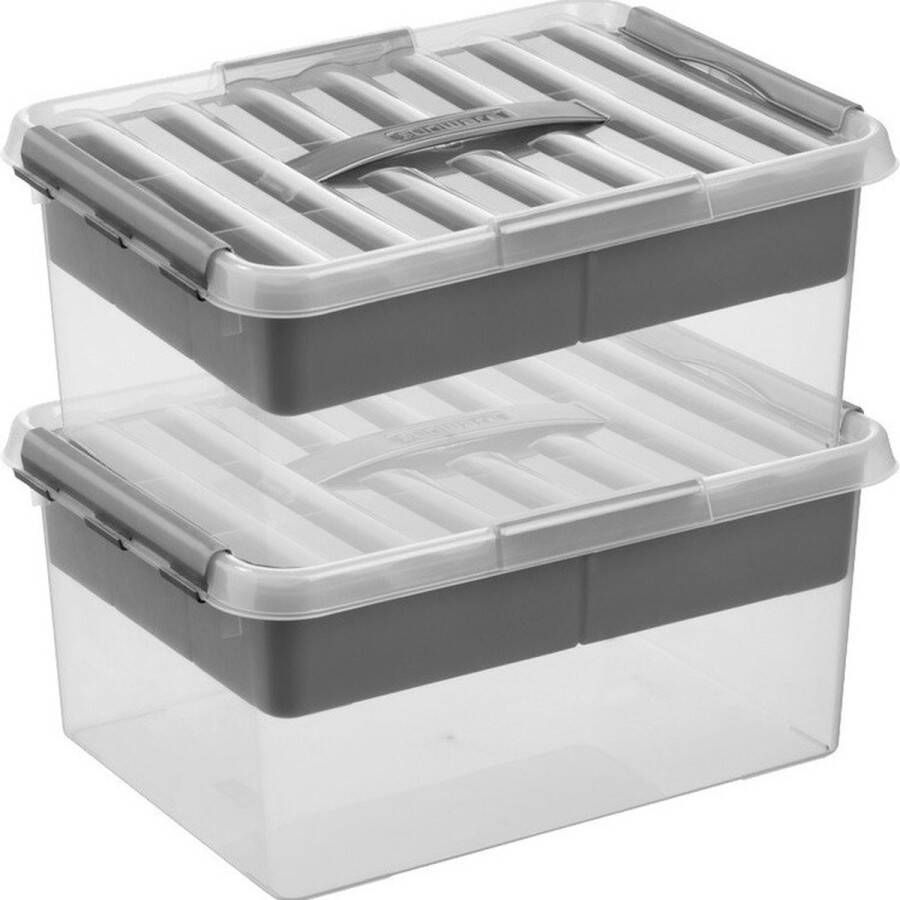 Merkloos Sans marque 2x Sunware Q-Line opberg boxen opbergdozen met vakverdeling vakken tray 15 liter 40 x 30 x 18 cm kunststof Gereedschapskist Opslagbox Opbergbak kunststof transparant zilver