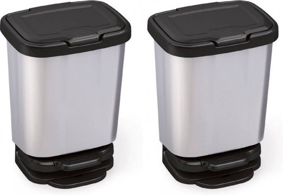Sunware 2x Zilver zwarte pedaalemmer vuilnisbakken 45 cm 20 liter Afvalemmers badkamer toilet keuken