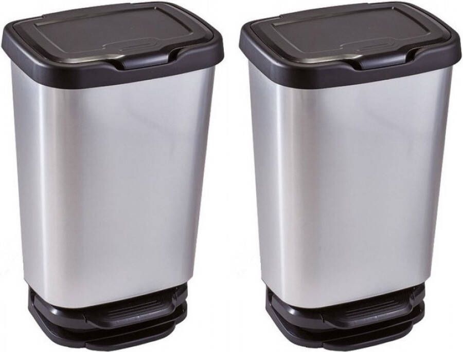 Sunware 2x Zilver zwarte pedaalemmer vuilnisbakken 64 cm 40 liter Afvalemmers badkamer toilet keuken