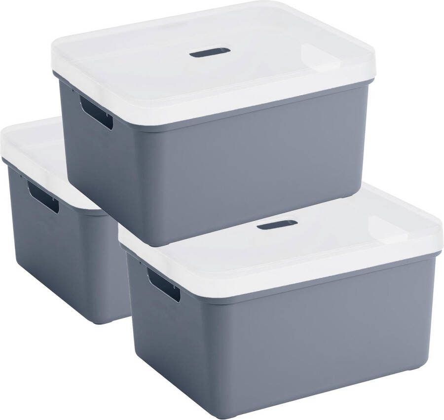 Sunware 3x stuks opbergbox mand kist van 32 liter donkerblauw kunststof met transparante deksel 45 x 35 x 24 cm