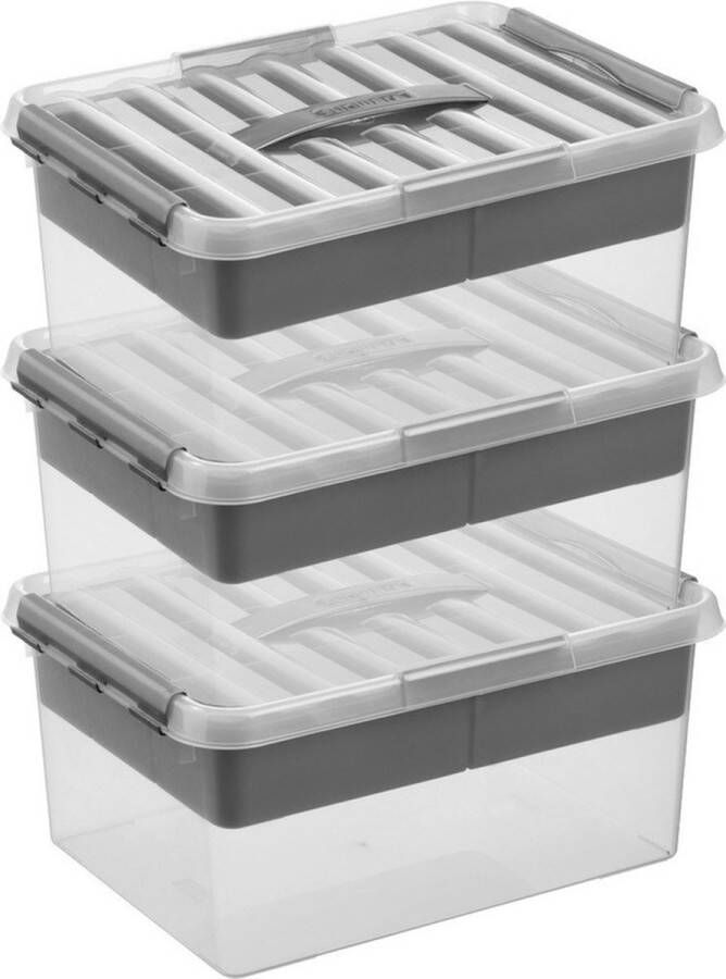 Merkloos Sans marque 3x Sunware Q-Line opberg boxen opbergdozen met vakverdeling vakken tray 15 liter 40 x 30 x 18 cm kunststof Gereedschapskist Opslagbox Opbergbak kunststof transparant zilver