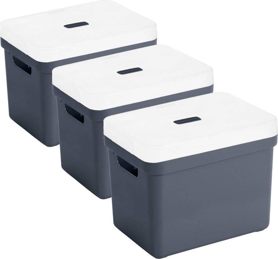 Sunware 3x stuks opbergboxen opbergmanden donkerblauw van 18 liter kunststof met transparante deksel 35 x 25 x 24 cm