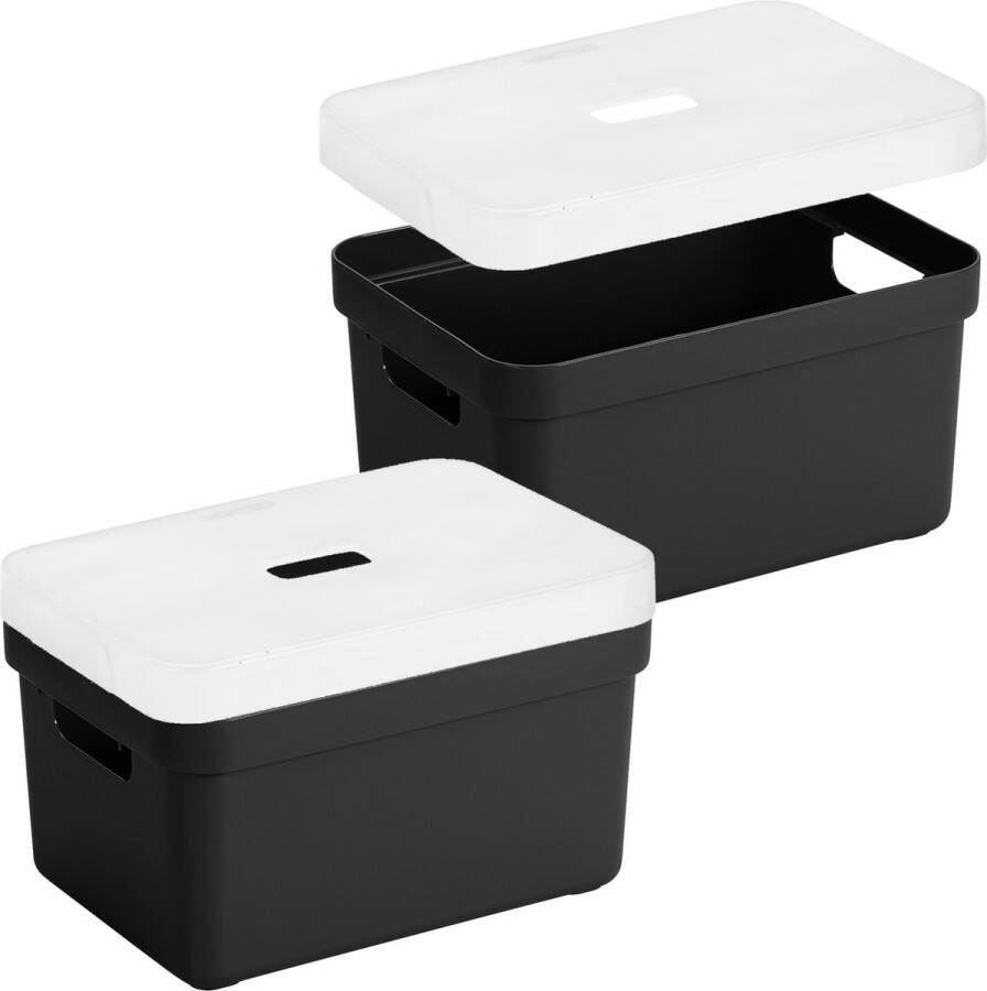 Sunware 3x stuks opbergboxen opbergmanden zwart van 13 liter kunststof met transparante deksel 35 x 25 x 18 cm
