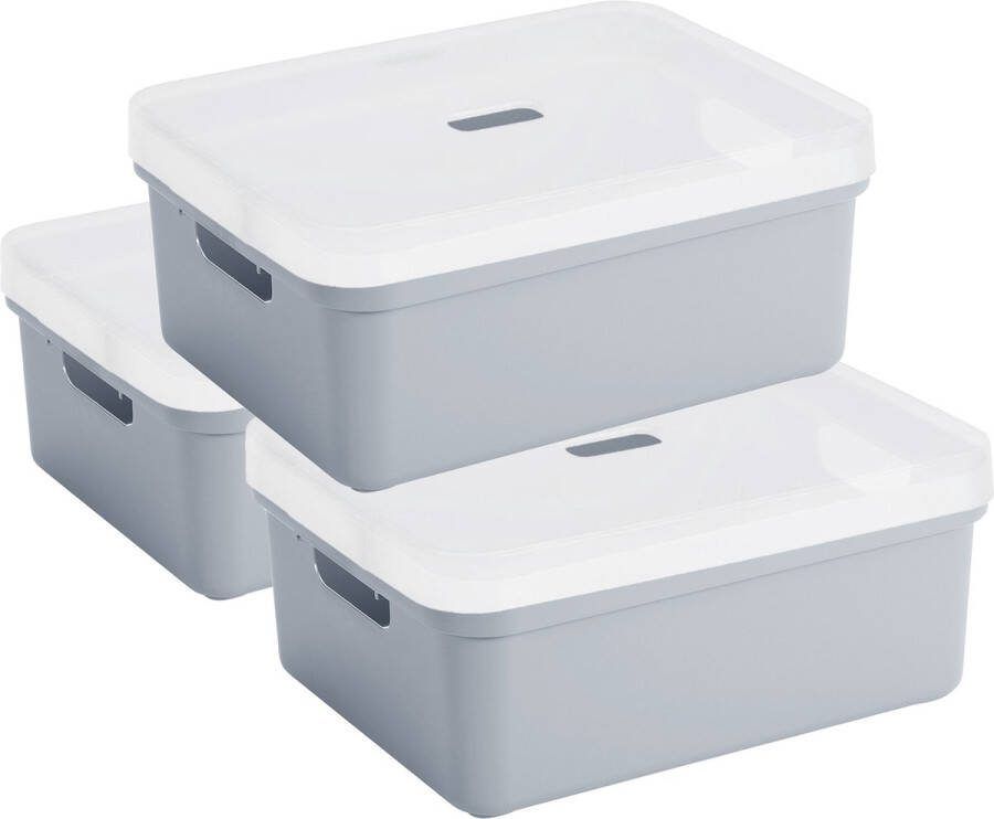 Sunware 3x stuks opbergbox mand kist van 24 liter blauwgrijs kunststof met transparante deksel 45 x 35 x 18 cm