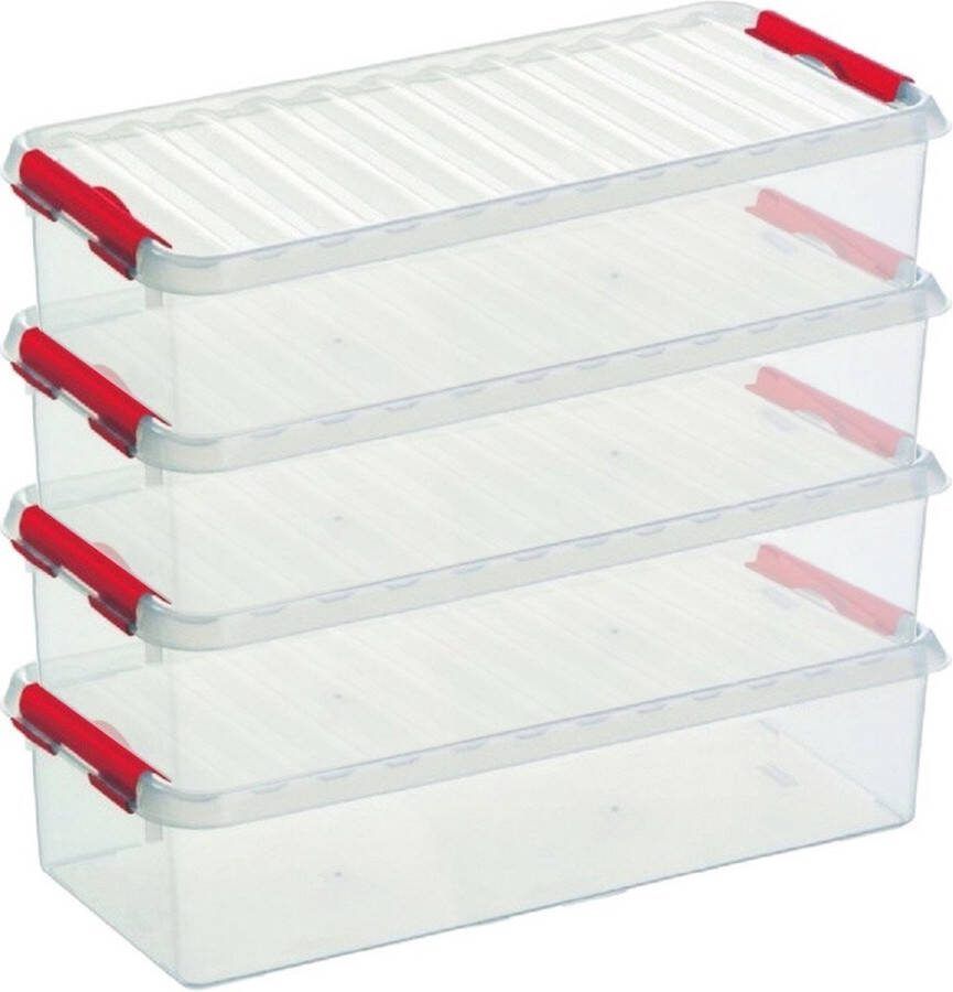 Sunware 4x Q-Line opberg boxen opbergdozen 6 5 liter 48 5 x 19 x 10 5 cm kunststof -Langwerpige smalle opslagbox Opbergbak kunststof transparant rood