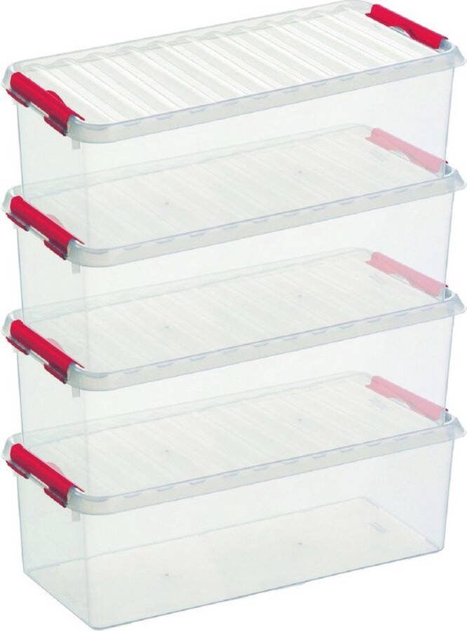 Sunware 4x Q-Line opberg boxen opbergdozen 9 5 liter 48 5 x 19 x 14 7 cm kunststof Langwerpige smalle opslagbox Opbergbak kunststof transparant blauw