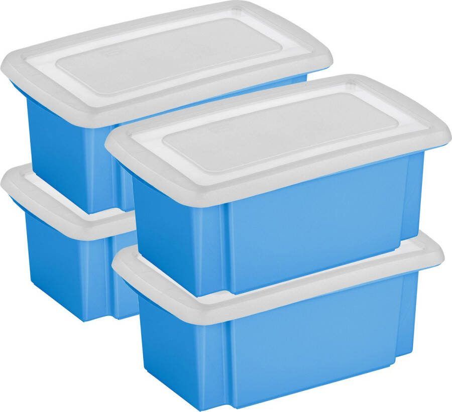 Sunware 4x stuks opslagbox kunststof 7 liter blauw 38 x 21 x 14 cm met afsluitbare deksel