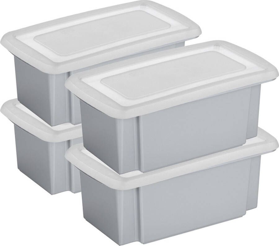 Sunware 4x stuks opslagbox kunststof 7 liter grijs 38 x 21 x 14 cm met afsluitbare deksel