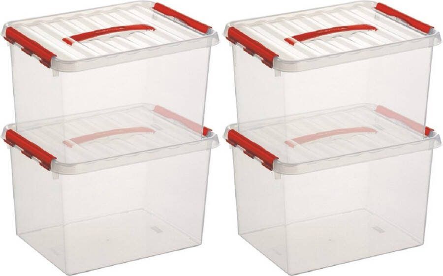 Sunware 5x Q-Line opberg boxen opbergdozen 22 liter 40 x 30 x 26 cm kunststof opslagbox Opbergbak kunststof transparant rood