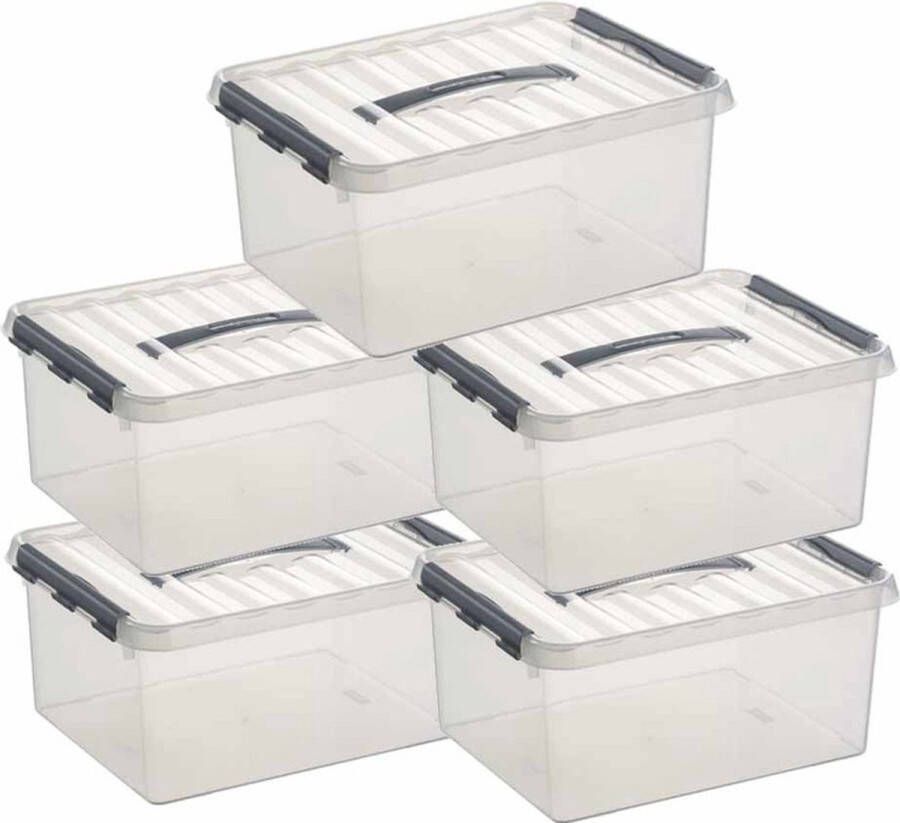 Sunware 5x Q-Line opberg box opbergdoos 15 liter 40 cm Opbergbak kunststof transparant zilver 5 stuks