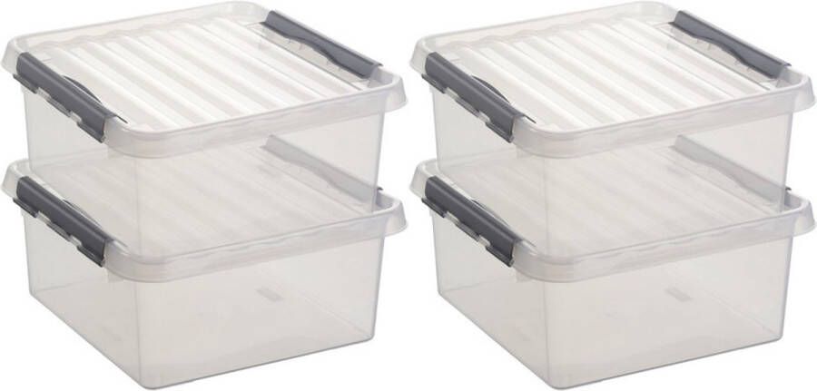 Sunware 5x Q-Line opberg box opbergdoos 18 liter 40 x 40 x 20 cm kunststof Vierkante opslagbox Opbergbak kunststof transparant zilver