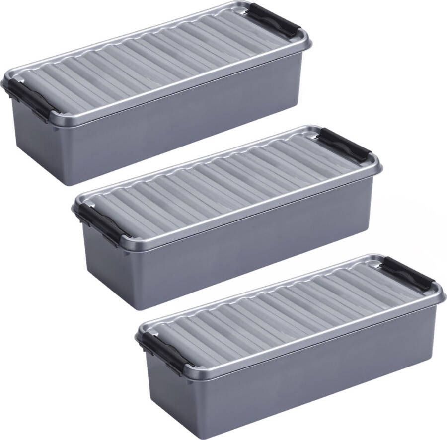 White box 5x stuks opberg box opbergdoos 3.5 liter 38.5 x 14 x 9.2 cm Opslagbox Opbergbak kunststof grijs zwart