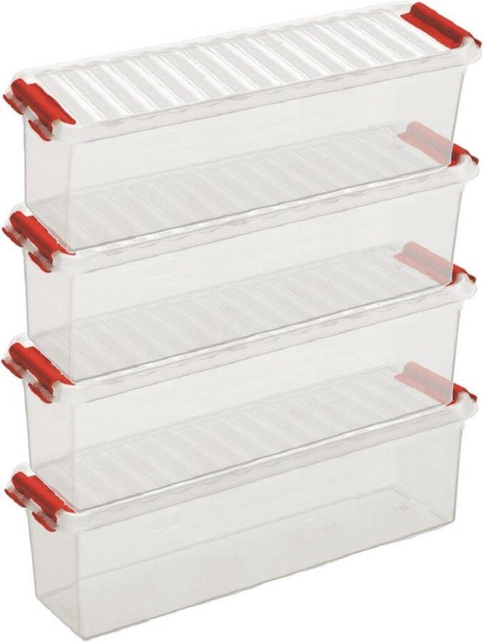 Sunware 6x Q-Line opberg boxen opbergdozen 1 3 liter 27 x 8 4 x 9 cm kunststof Langwerpige smalle opslagbox Opbergbak kunststof transparant rood
