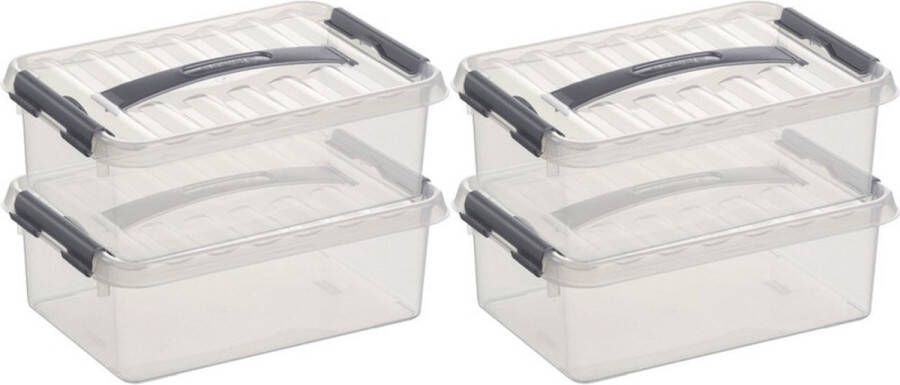 Sunware 6x Q-Line opberg boxen opbergdozen 4 liter 30 cm kunststof Opslagbox Opbergbak kunststof transparant zilver
