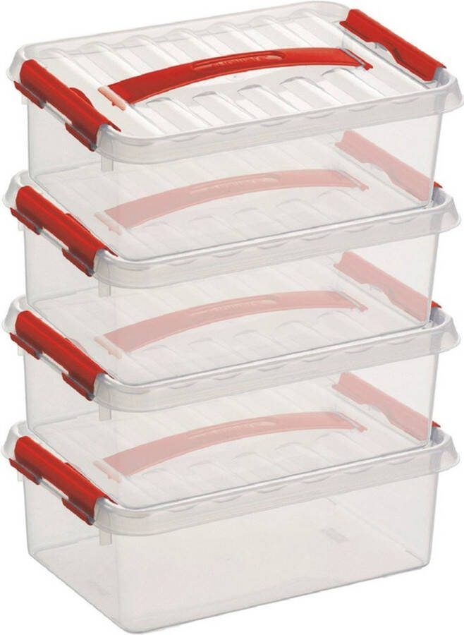Sunware 8x Q-Lineopberg boxen opbergdozen 4 liter 30 x 20 x 10 cm kunststof platte smalle opslagbox Opbergbak kunststof transparant rood