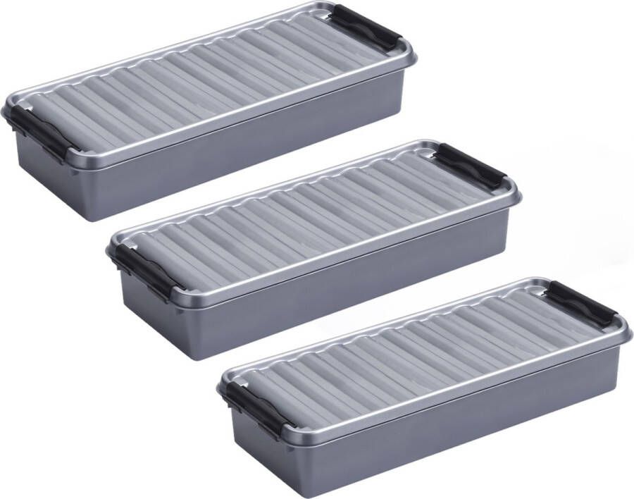 White box 8x stuks opberg box opbergdoos 2.5 liter 38.5 x 14 x 6.6 cm Opslagbox Opbergbak kunststof grijs zwart