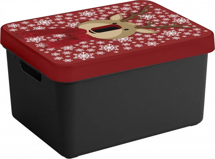 Sunware Kerstversiering opbergbox zwart rood 44 x 34 x 24 cm rendier print deksel