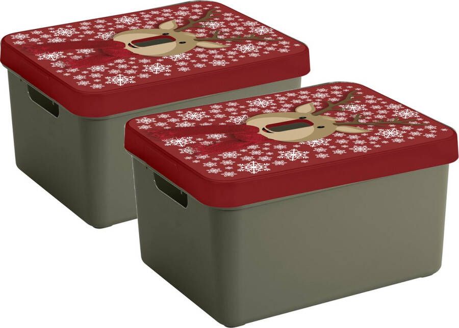 Sunware Kerstballen kerstversiering opruim opbergboxen set van 2x stuks met rendieren print deksel