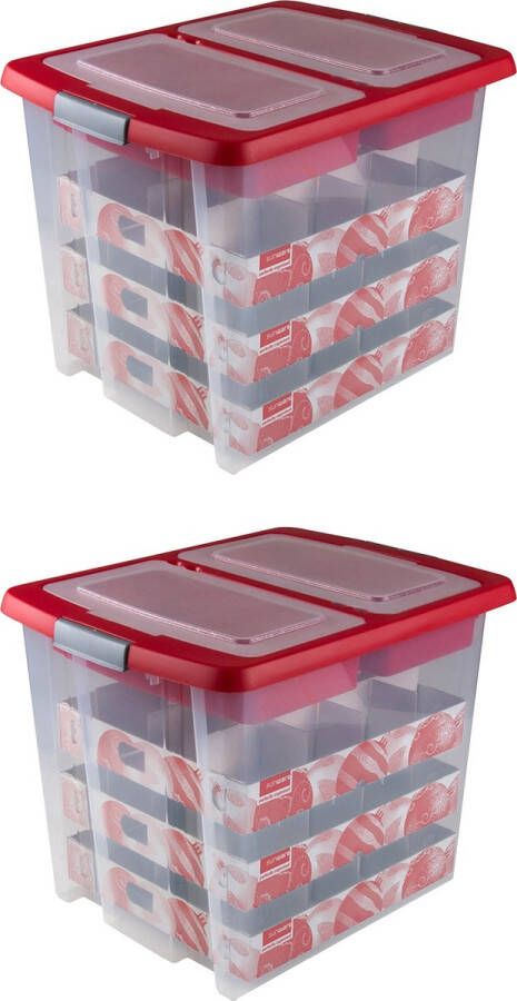 Sunware Nesta Kerstballen Opbergbox 45L Set van 2 Trays voor 48 kerstballen Transparant rood