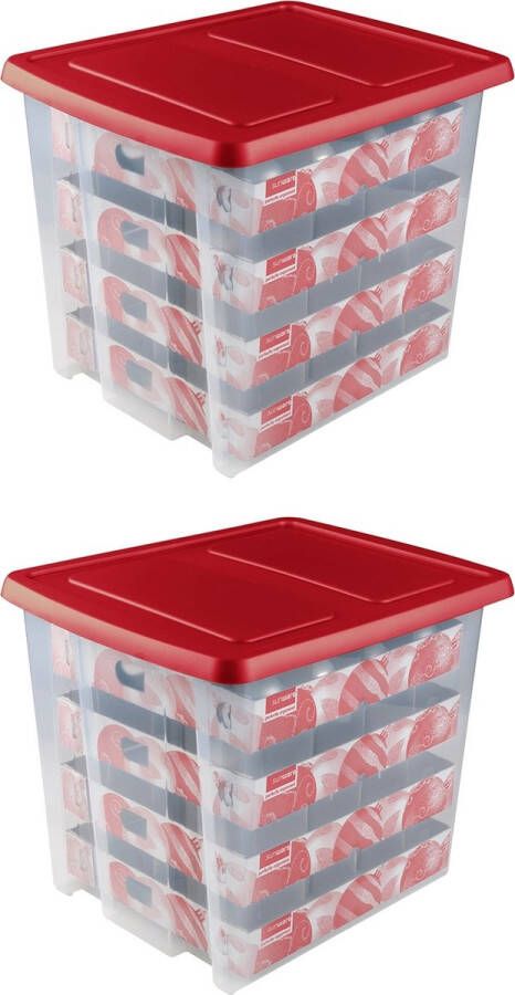 Sunware Nesta Kerstballen Opbergbox 45L Set van 2 Trays voor 64 kerstballen Transparant rood