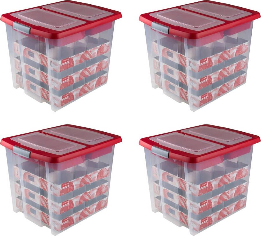 Sunware Nesta Kerstballen Opbergbox 45L Set van 4 Trays voor 48 kerstballen Transparant rood