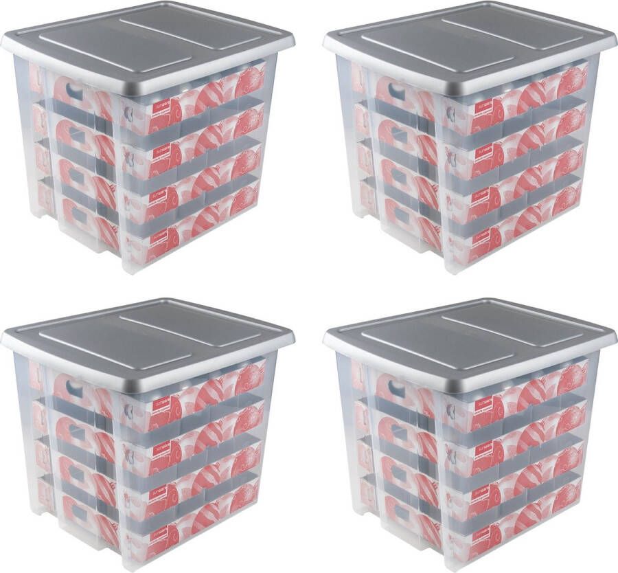 Sunware Nesta Kerstballen Opbergbox 45L Set van 4 Trays voor 64 kerstballen Transparant grijs