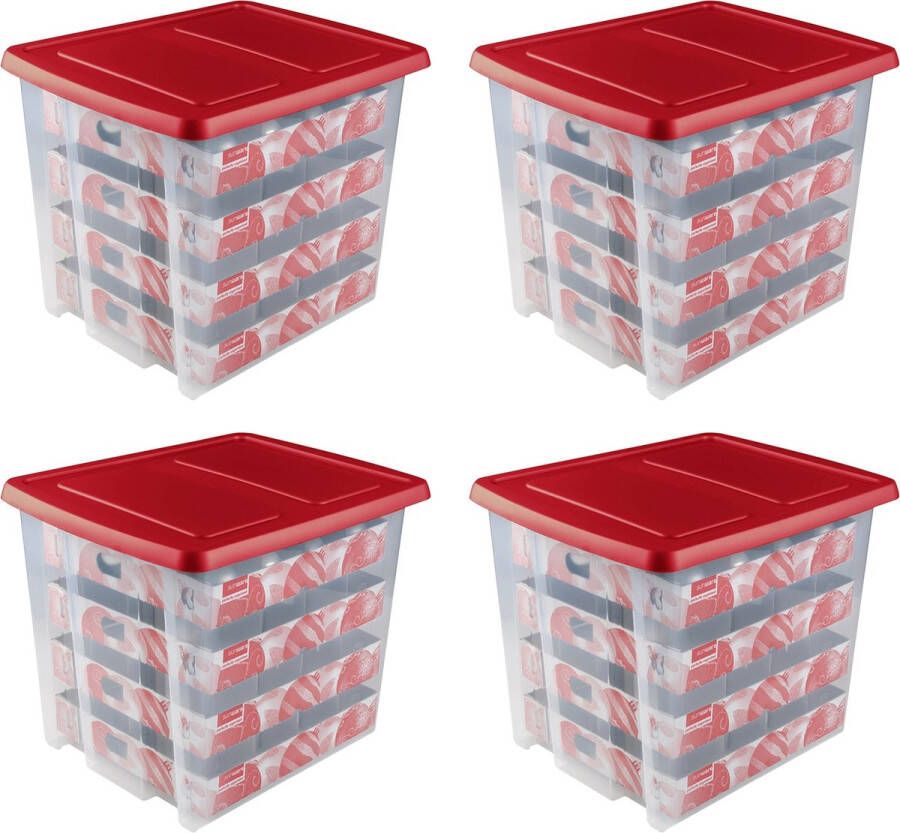 Sunware Nesta Kerstballen Opbergbox 45L Set van 4 Trays voor 64 kerstballen Transparant rood