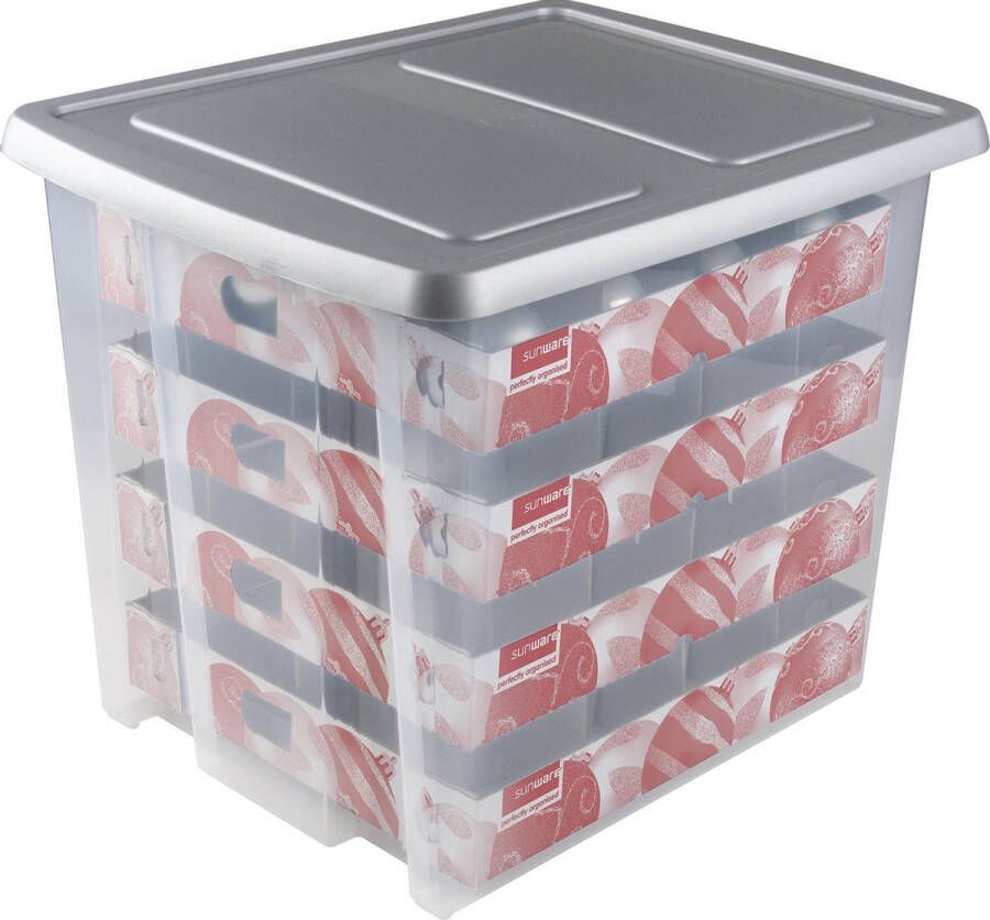 Sunware Nesta Kerstballen Opbergbox 45L Trays voor 64 kerstballen Transparant grijs