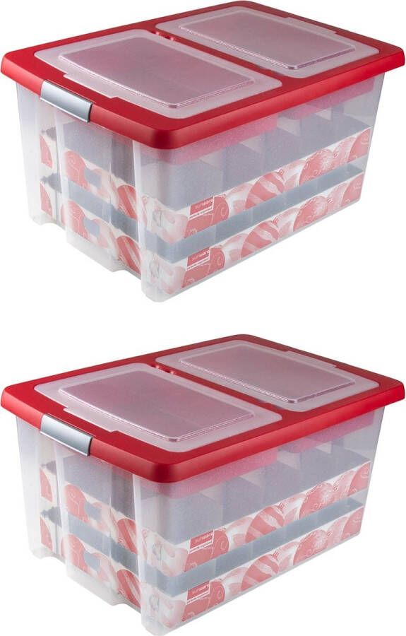 Sunware Nesta Kerstballen Opbergbox 51L Set van 2 Trays voor 40 kerstballen Transparant rood