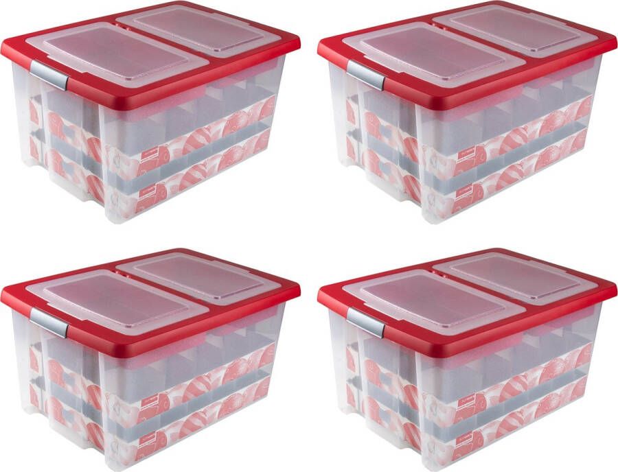 Sunware Nesta Kerstballen Opbergbox 51L Set van 4 Trays voor 40 kerstballen Transparant rood