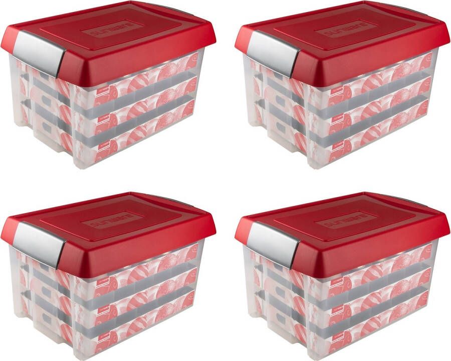 Sunware Nesta Kerstballen Opbergbox 60L Set van 4 Trays voor 60 kerstballen Transparant rood