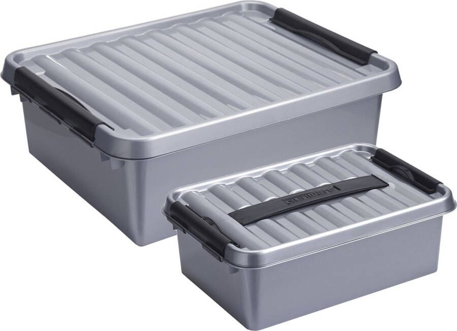 Sunware Opberg boxen set 2x stuks 12 en 25 liter kunststof grijs met deksel Opbergbox