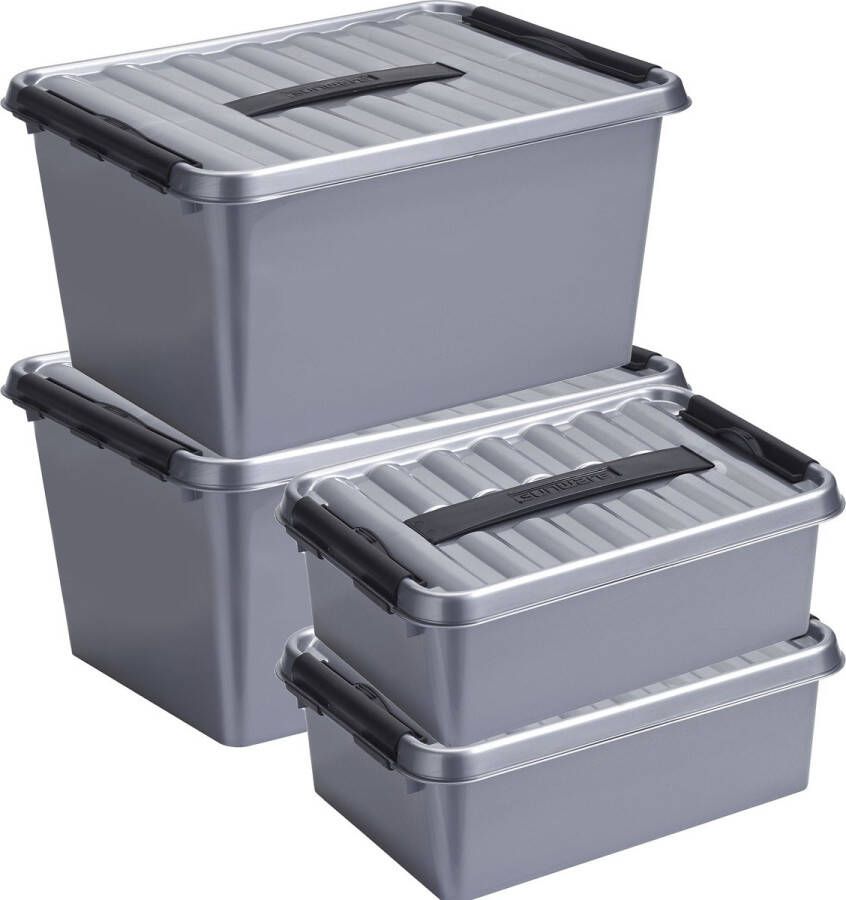 Sunware Opberg boxen set 4x stuks 12 en 22 liter kunststof grijs met deksel Opbergbox