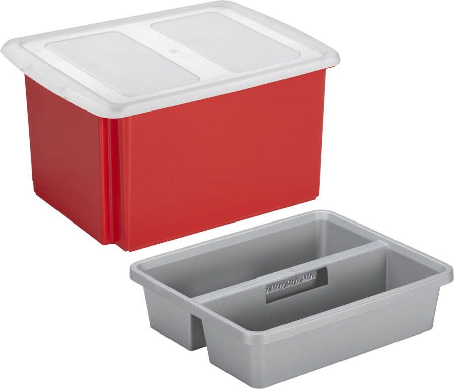 Sunware opslagbox kunststof 32 liter rood 45 x 36 x 24 cm met deksel en organiser tray