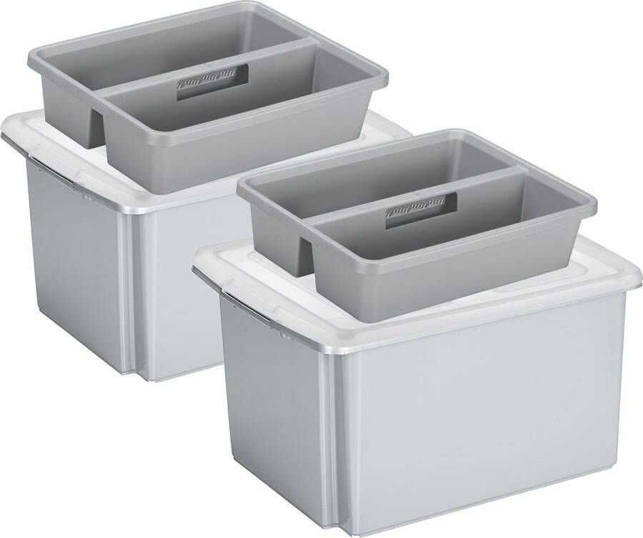 Sunware 2x opslagboxen kunststof 32 liter lichtgrijs 45 x 36 x 24 cm met deksel en organiser tray Opbergbox