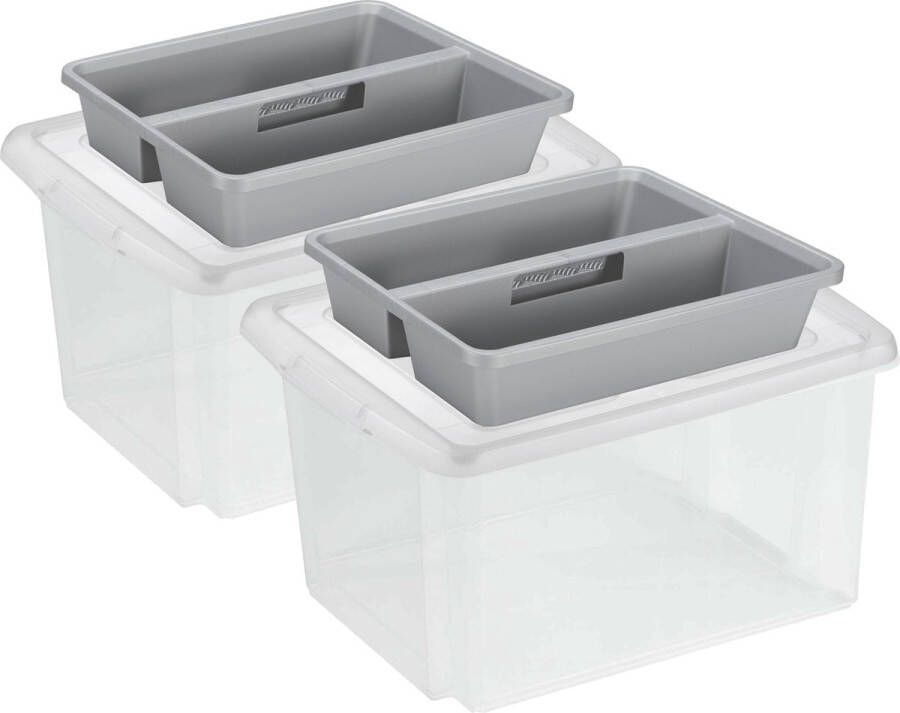 Sunware 2x opslagboxen kunststof 32 liter transparant 45 x 36 x 24 cm met deksel en organiser tray Opbergbox